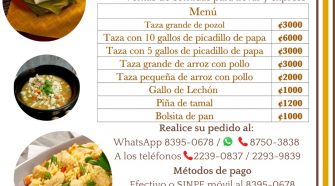 Estos serán los deliciosos platillos que van a tener a la venta, los puede pedir en servicio express o para llevar cancelando en efectivo o por Sinpe Móvil.