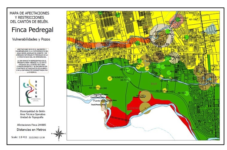 Mapa de Afectaciones de Pozos, Nacientes y Vulnerabilidad a la Contaminación del Agua Subterránea Según Legislación Vigente y de Amenazas Naturales Potenciales Según la Comisión Nacional de Emergencias para el Cantón de Belén-Mapa Vulnerabilidad y Pozos. Fuente: Unidad de Topografía / Base de datos Municipalidad de Belén CATMUBE.