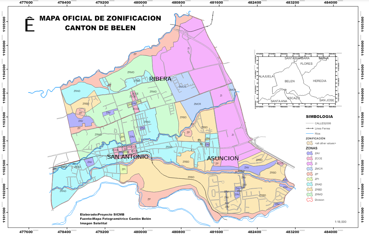 Mapa oficial de zonificación del cantón de Belén según el Plan Regulador vigente. Municipalidad de Belén.