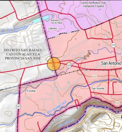 Según el ING esta es la localización aproximada del mojón de calicanto entre los cantones de Alajuela y Belén en cartografía a escala 1:5.000.