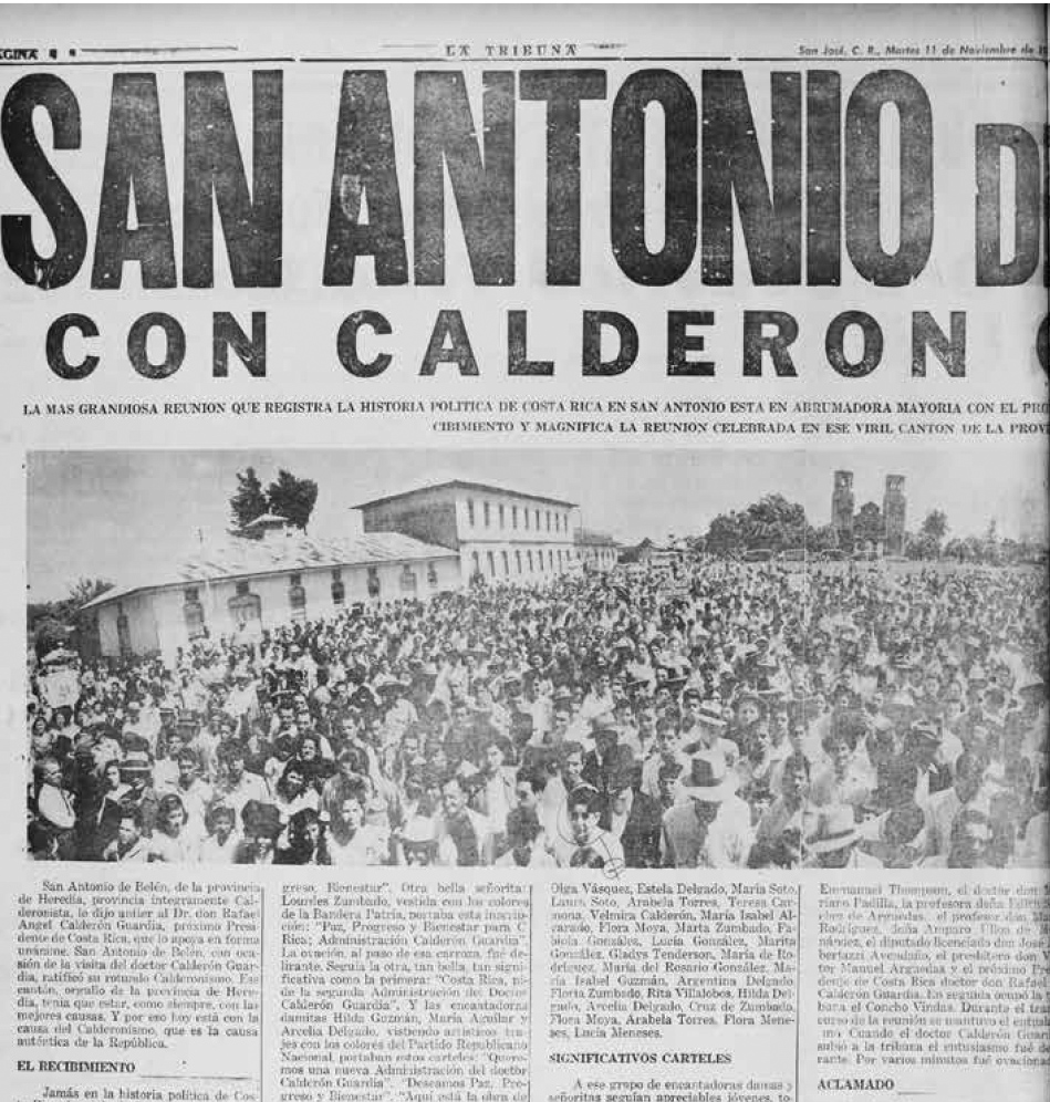 Visitas de Calderón Guardia a Belén. Periódico La Tribuna, 11 de noviembrede 1947 p. Material recopilado por Daniel Alvarado Luna.