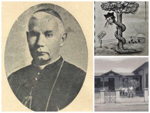 En la imágen se aprecia al cura Antonio del Carmen Monestel, Juan cumplido en la caricatura del 21 de enero de 1905, p 1 y las primeras instalaciones de la Escuela Espana. Material recopilado por Daniel Alvarado Luna.