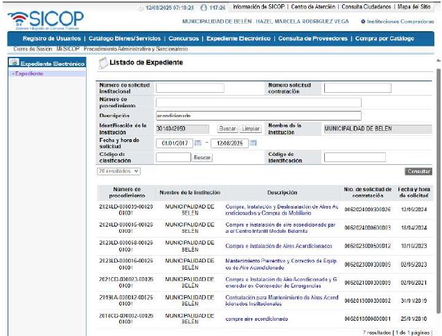Procesos de compra,instalación y mantenimiento de aires acondicionados, que se han tramitado en los últimos 8 años. Captura de Pantalla e SICOP: Acta Sesión Ordinaria 47-2025 del Concejo Municipal.