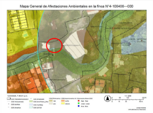 Mapa de afectaciones ambientales de la Finca Municipal El Nacimiento. Imagen: Municipalidad de Belén.