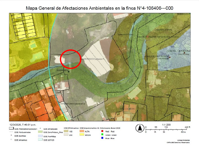 Mapa de afectaciones ambientales de la Finca Municipal El Nacimiento. Imagen: Municipalidad de Belén.