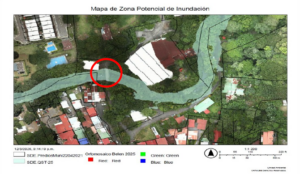 Mapa sobre las zonas de potencial inundación en la Finca Municipal El Nacimiento. Imagen: Municipalidad de Belén.
